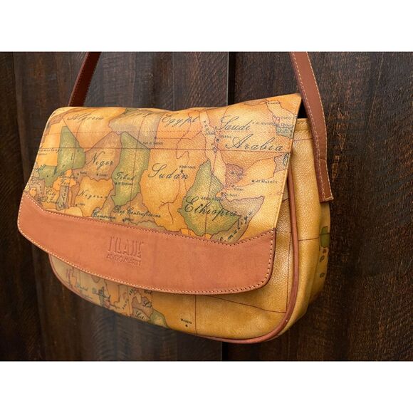 Vintage Alviero Martini Map-Print Leather Shoulder Bag Classic World Map Design - Picture 2 of 5